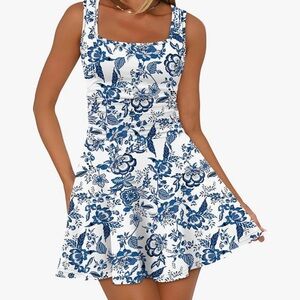 White & Blue Floral Square-Neck Mini Dress